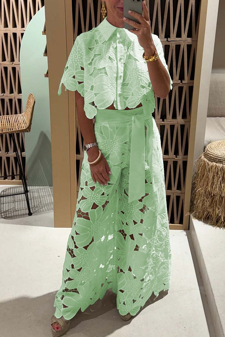 Women's Lace Blouse and Wide-Leg Pants Set – Elegant Casual Outfit
