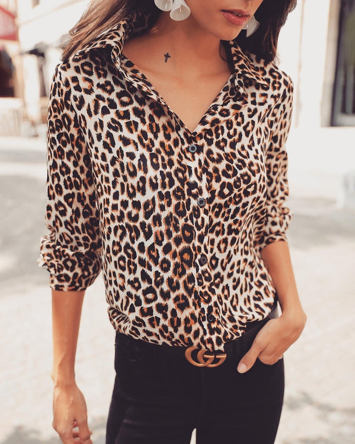 Blouse Femme à Motif Léopard avec Patte de Boutons – Haut Chic à Manches Longues