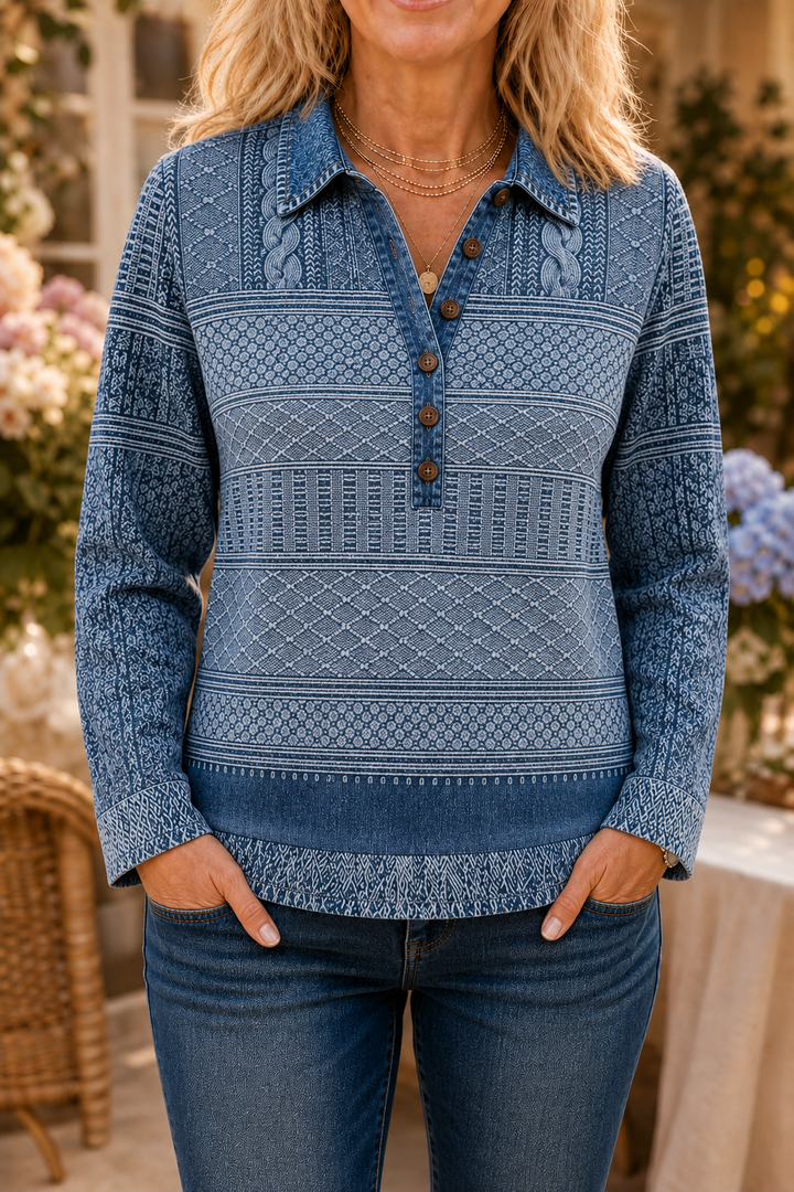Damen Bluse Mit Denim Patchwork Und Strick
