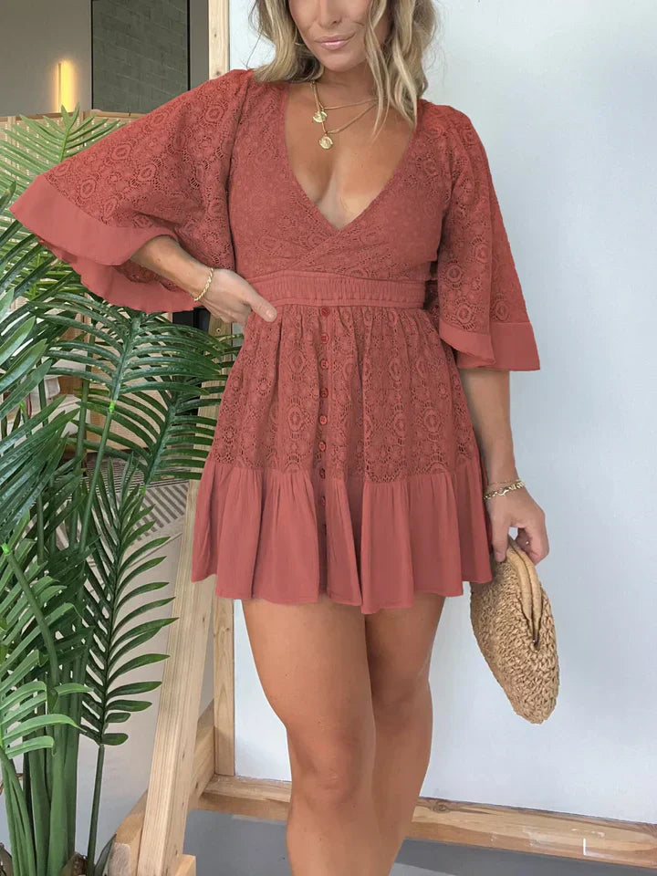 Vestido de mujer – Detalles de encaje – Escote en V – Corte elegante
