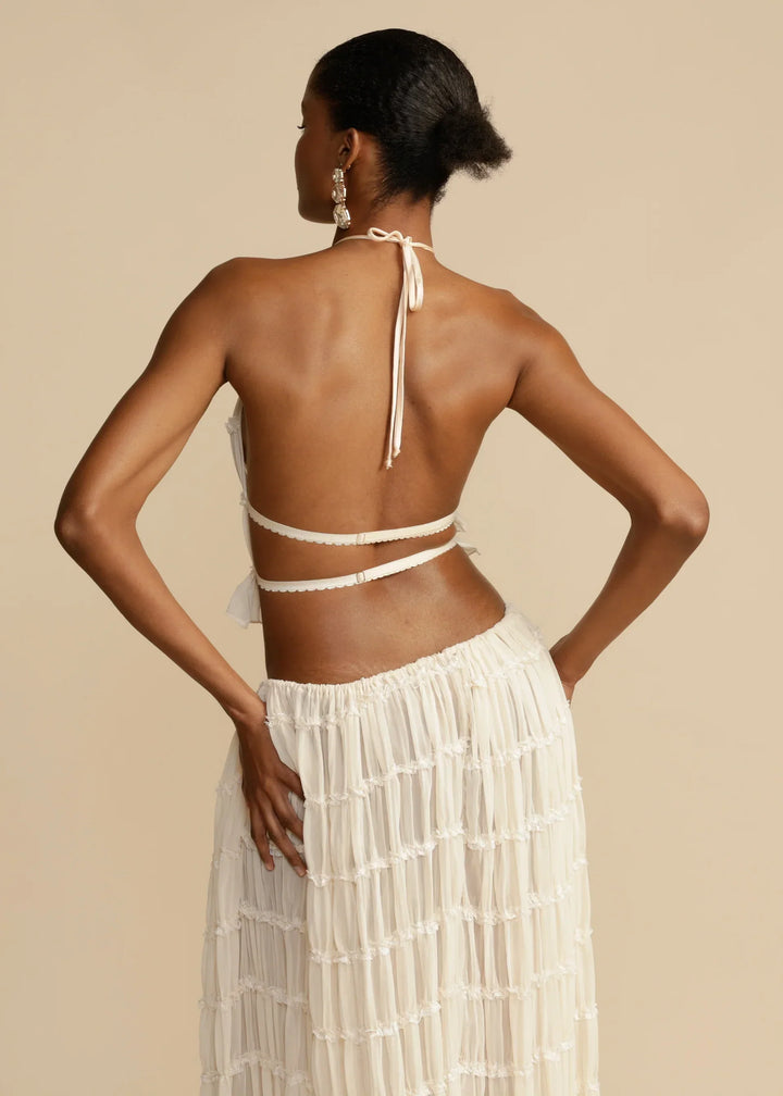 Conjunto veraniego de 2 piezas – Top corto con tirantes y falda maxi con volantes