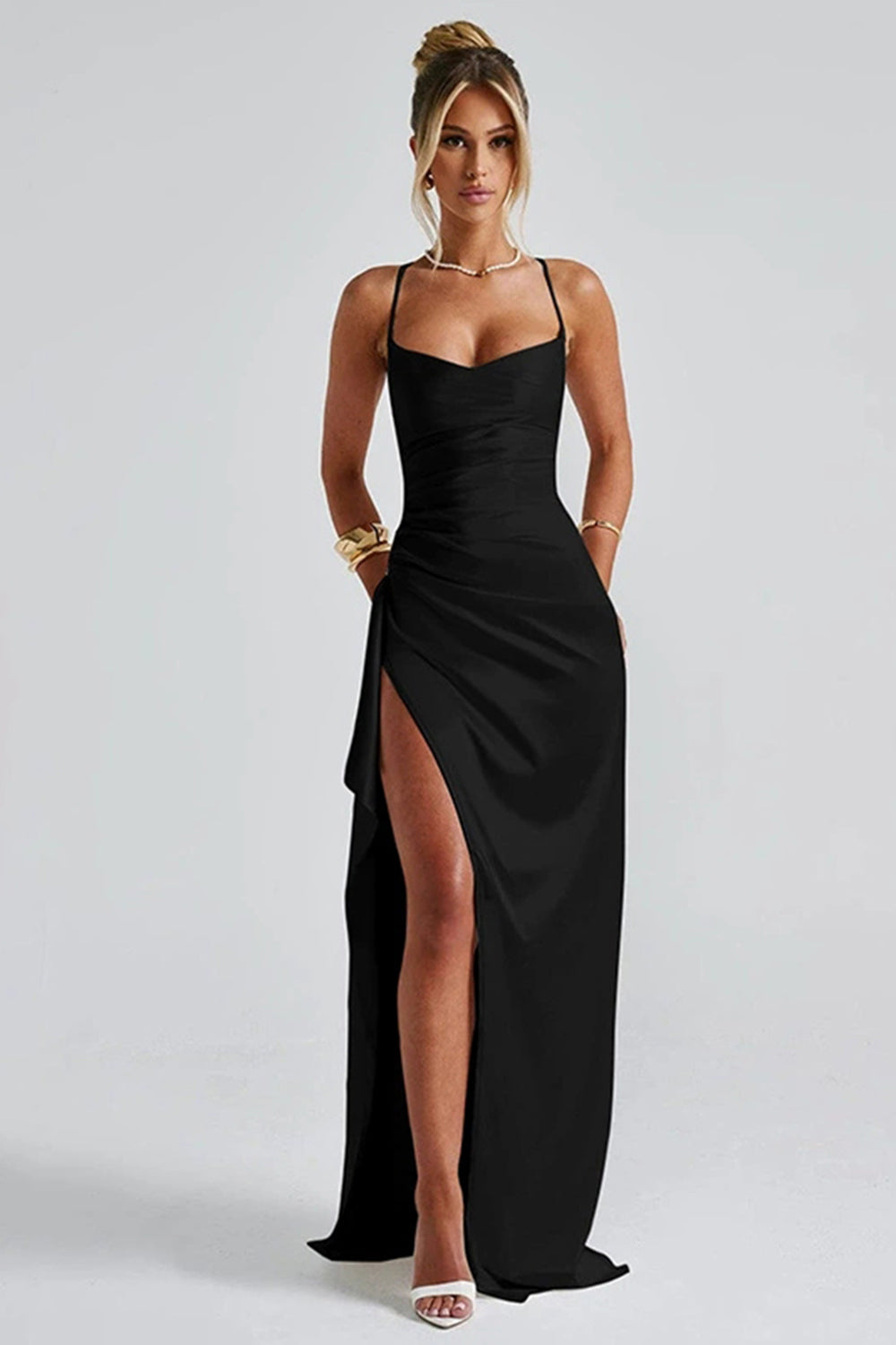 Women's satin dress with V-neck and long sleeves – Elegant for evening & occasion