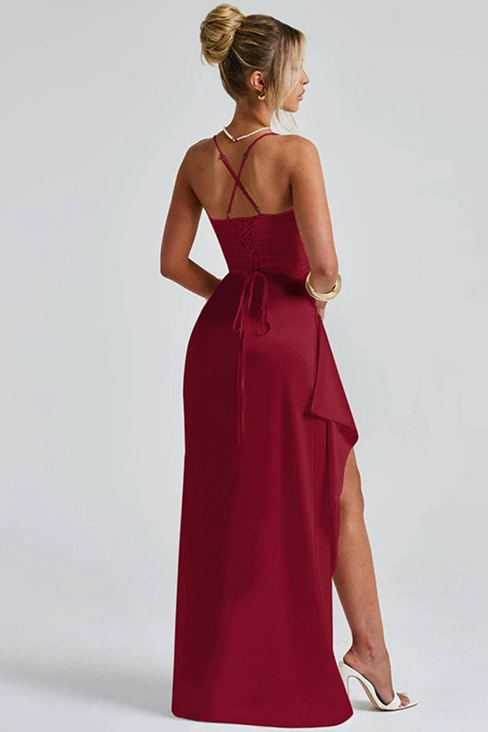 Women's satin dress with V-neck and long sleeves – Elegant for evening & occasion