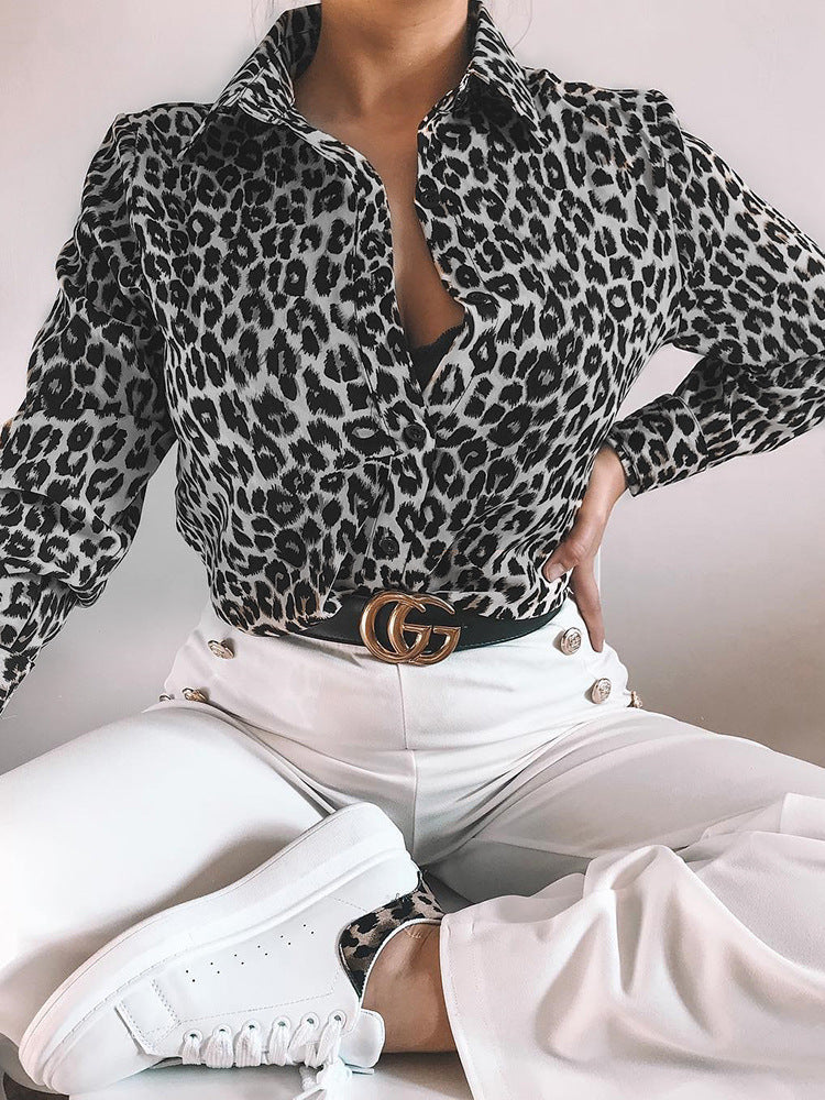 Blouse Femme à Motif Léopard avec Patte de Boutons – Haut Chic à Manches Longues