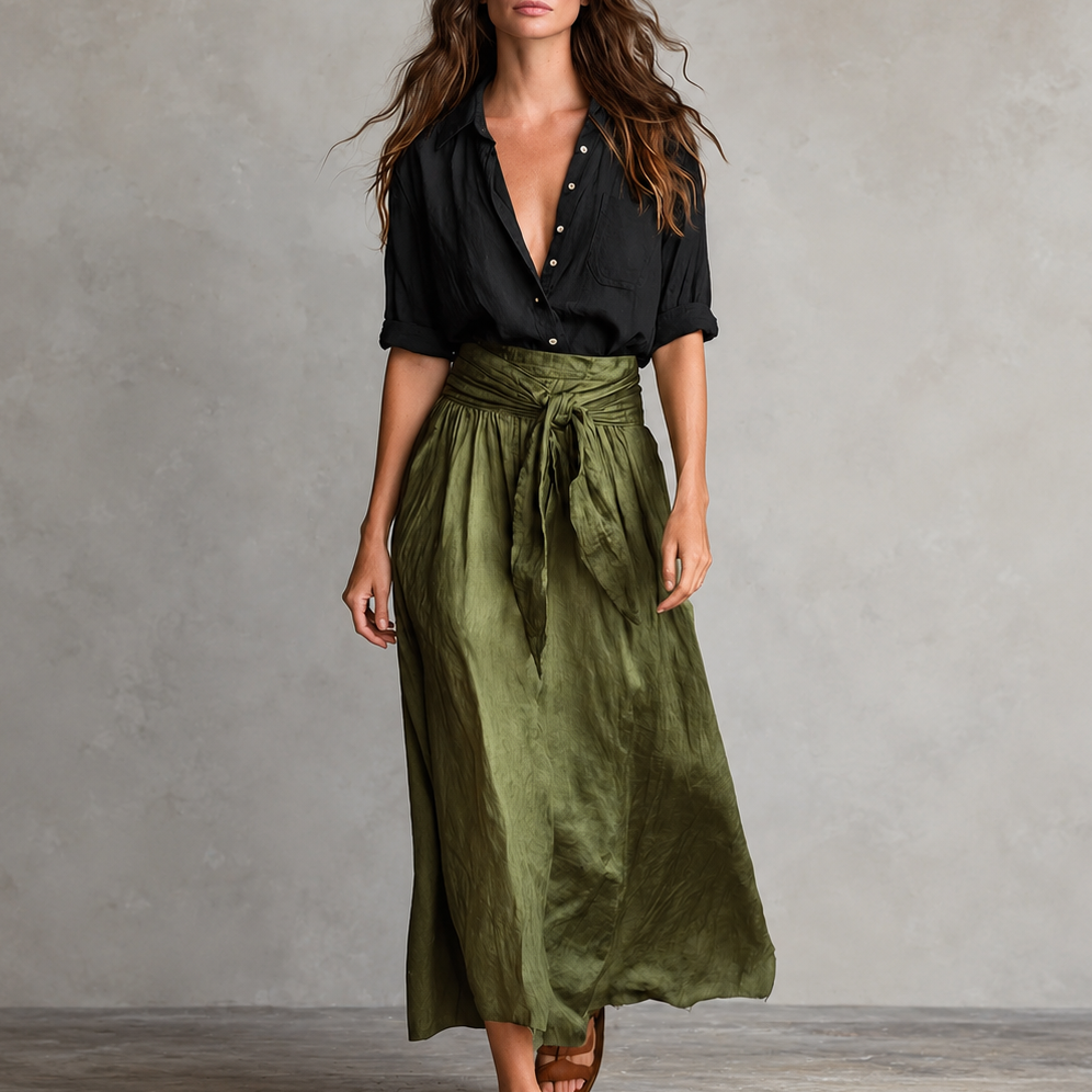 Olive Onyx | Damen Zweiteiler Knopfhemd und Midirock mit Bindegürtel