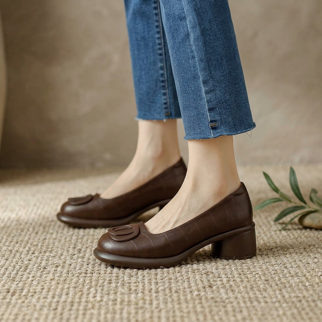 Women's Brown Closed Leather Shoes with Block Heels – Stylish Comfortable Footwear