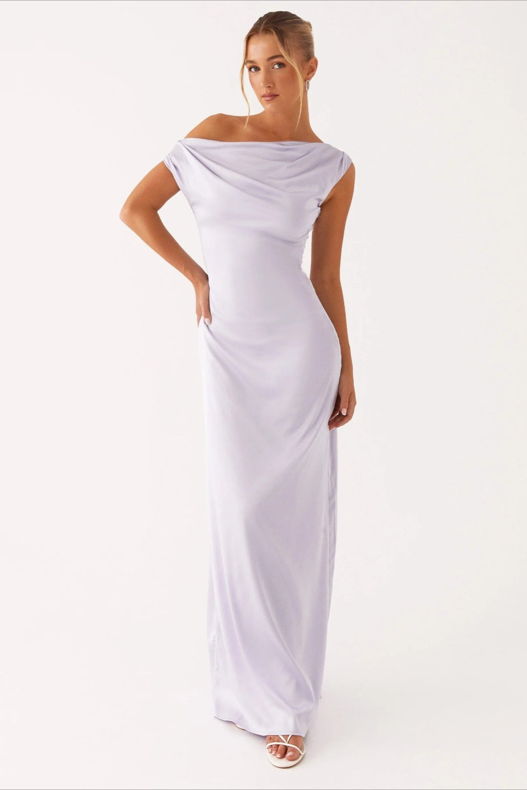 Women's Solid Color Maxi Dress with Asymmetric Neckline – Evening Dress