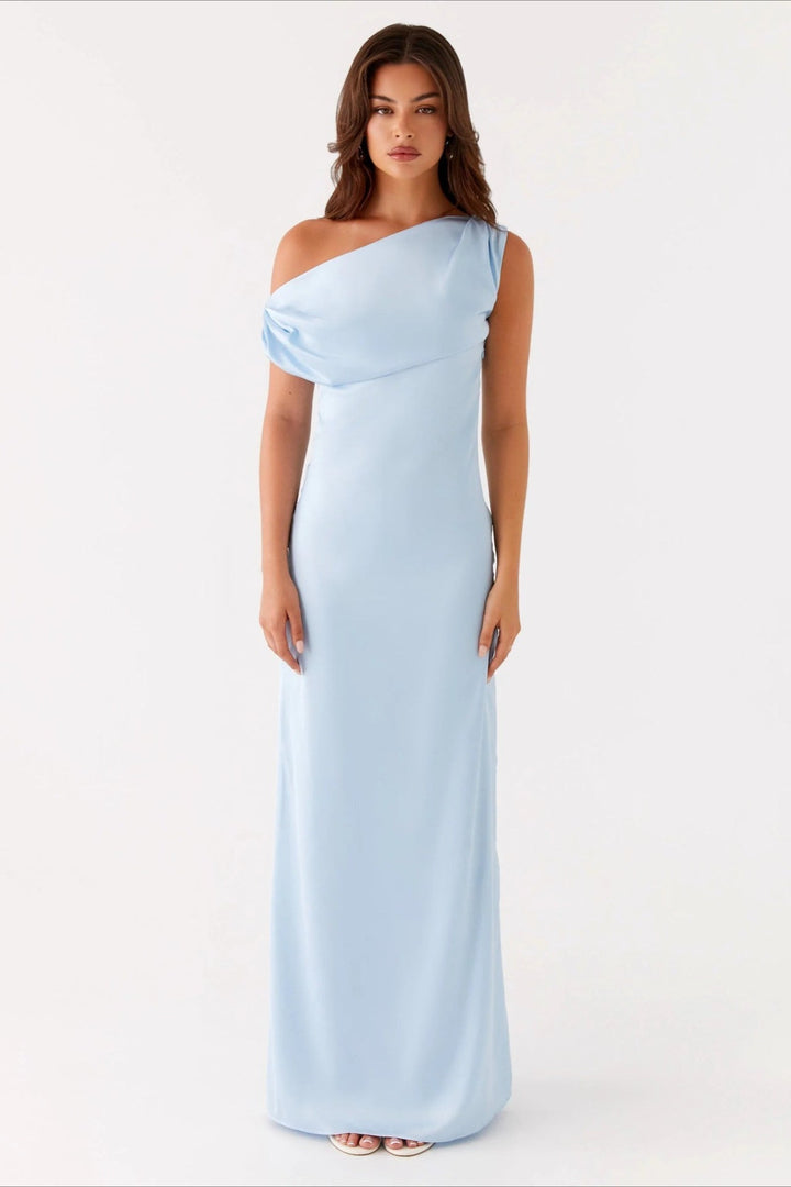 Women's Solid Color Maxi Dress with Asymmetric Neckline – Evening Dress