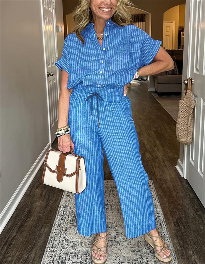Women's striped linen-cotton set with pockets