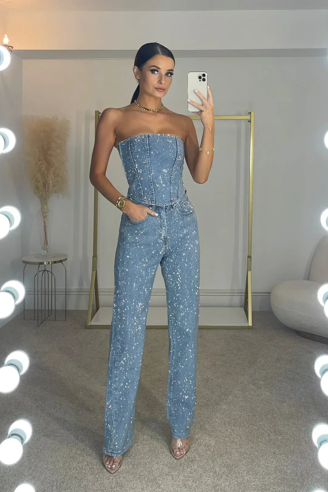 Elegant Strapless Jumpsuit Women Festive made of Shiny Stretch Fabric with Glitter Details for Special Occasions