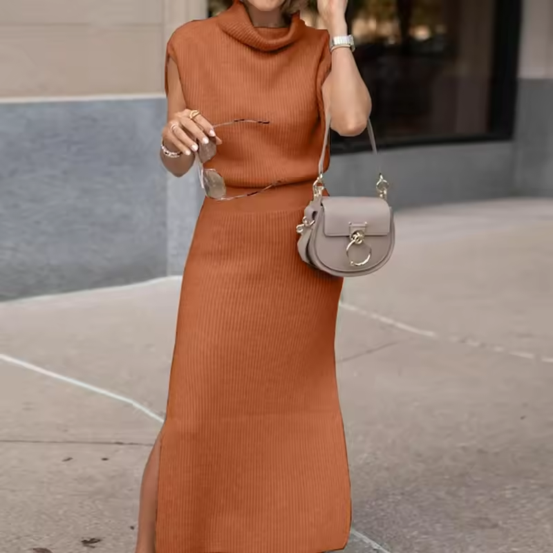 Damen Cowl Neck Midi Strickkleid – Tailliert Mit Seitenschlitz Kleidung