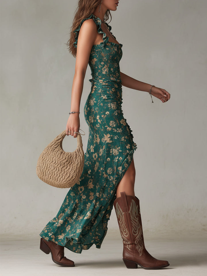 Women's Boho Maxi Dress with Ruffle Sleeves – Summer Dress with Slit