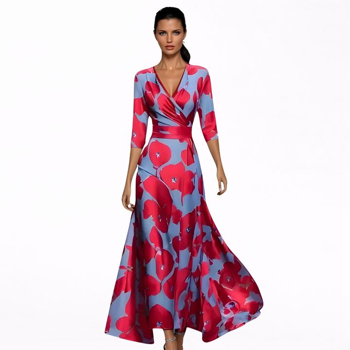 Women's V-Neck Long Sleeve Floral Maxi Dress - Wrap Elegant Style