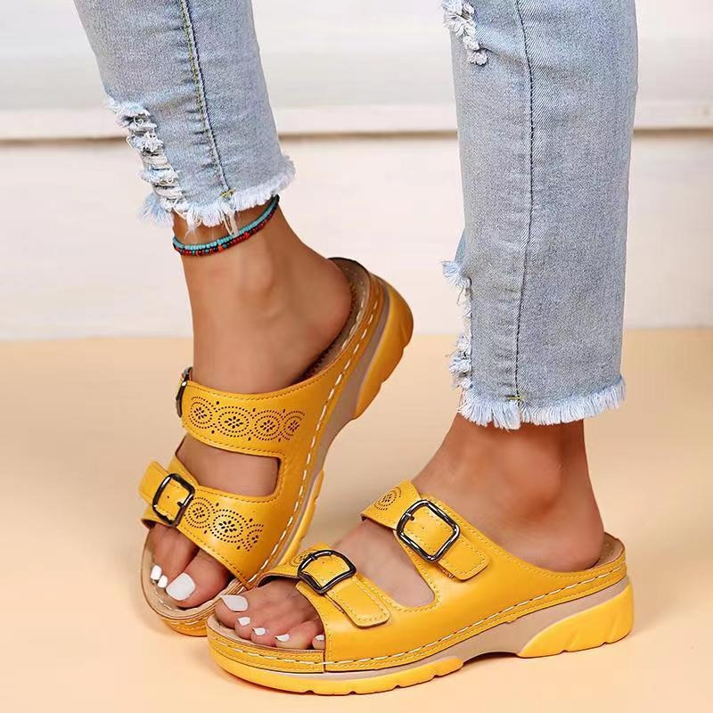 Sandalias abiertas de cuero para mujer con hebillas – Zapatos ortopédicos de verano cómodos