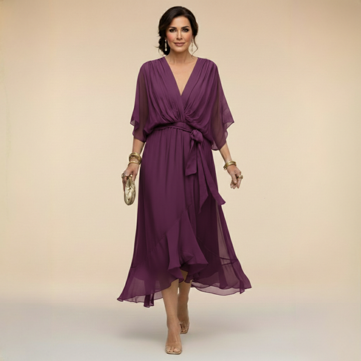 Elegant flared chiffon midi dress with V-neck and belt for women – Perfect dress for wedding guests