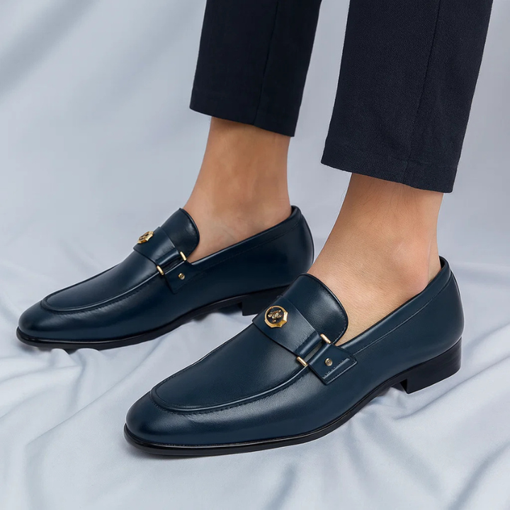Men's Blue Leather Loafers with Metal Accent – Elegant Slip-On Shoes