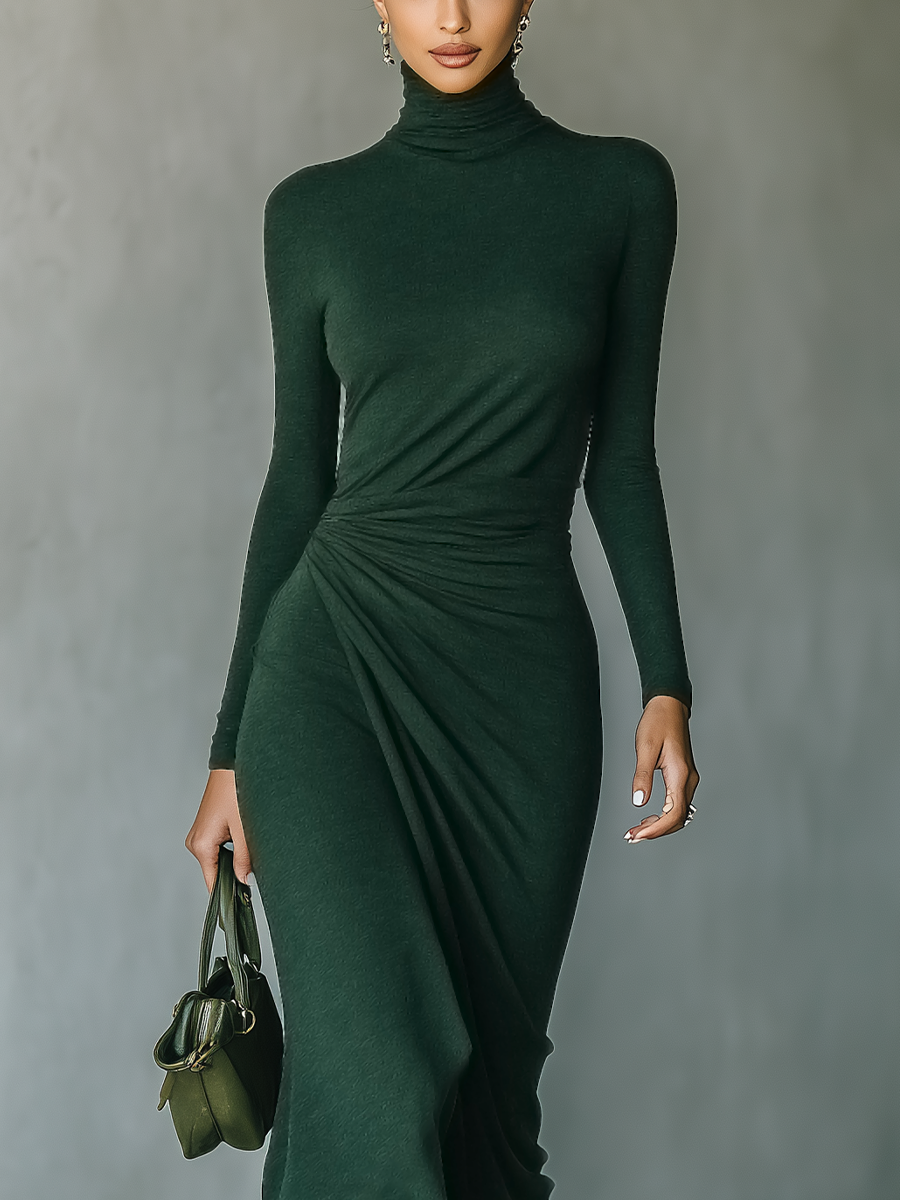 Dunkelgrünes Strick-Midikleid in Wickeloptik