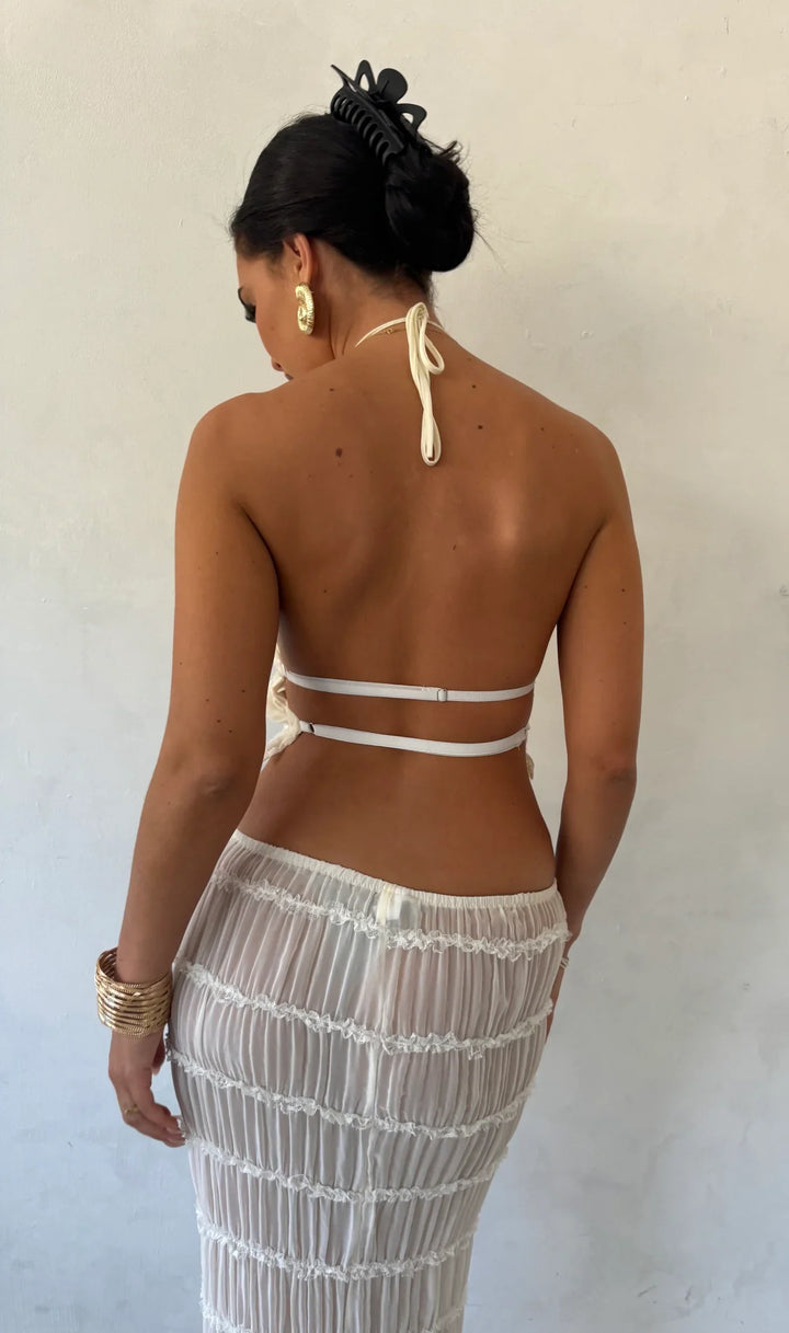 Conjunto veraniego de 2 piezas – Top corto con tirantes y falda maxi con volantes