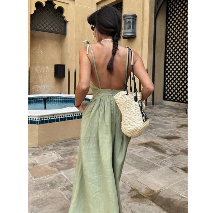 Women's linen dress with button placket and loose fit for summer