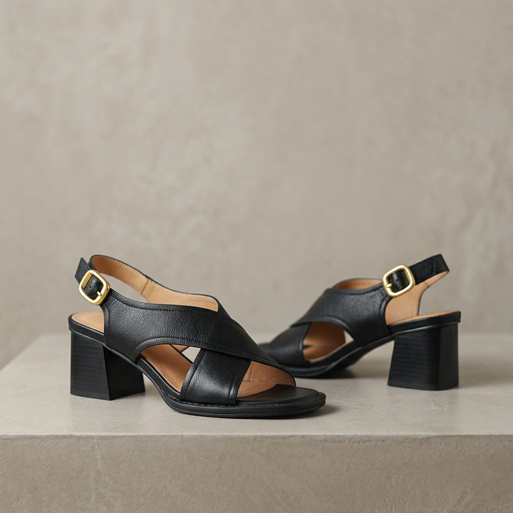Women's Open Block Heel Leather Sandals