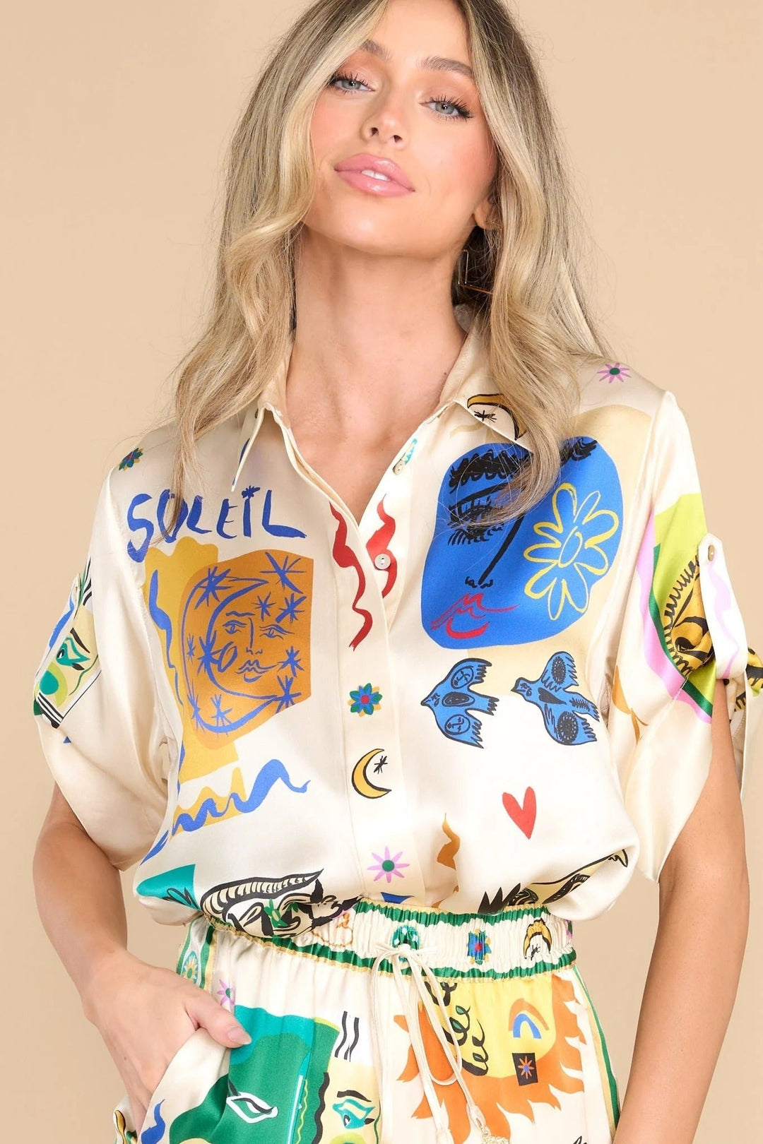 Women's Oversized Ivory Print Shirt and Pants Set – Casual Chic Outfit