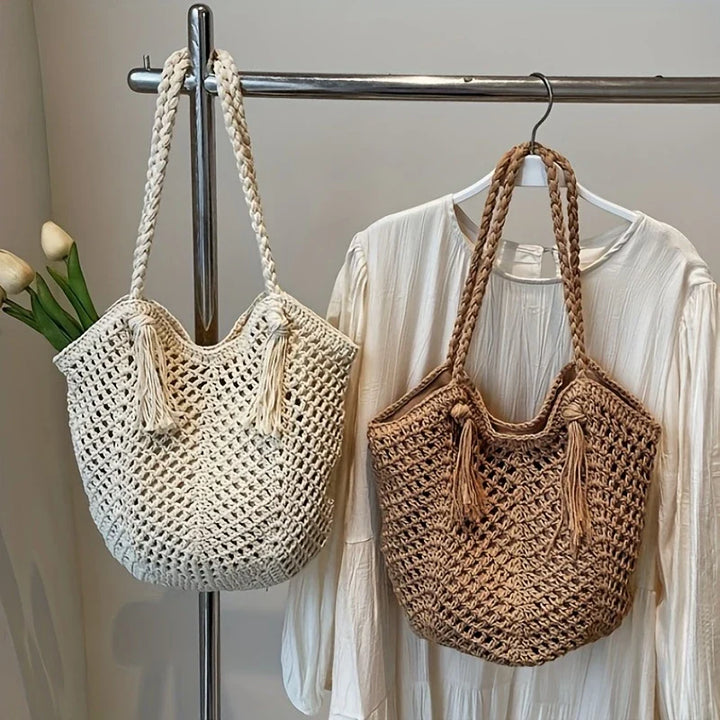 Ręcznie wykonana torebka na szydełku – Duża boho torba plażowa z chwostem