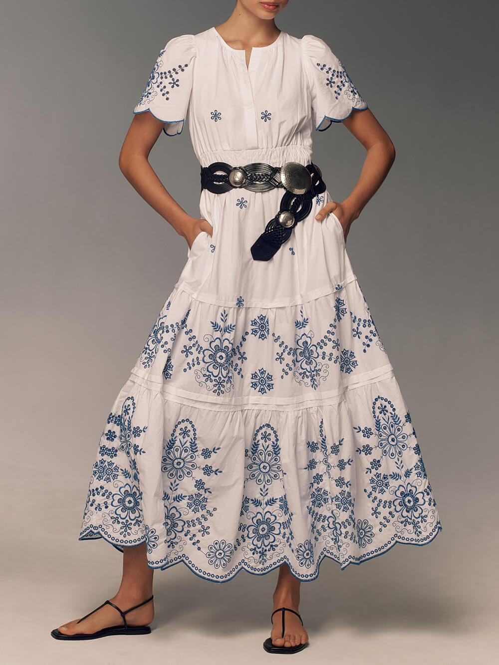 Vestido largo fluido estampado para mujer con cintura fruncida – Vestido de verano elegante