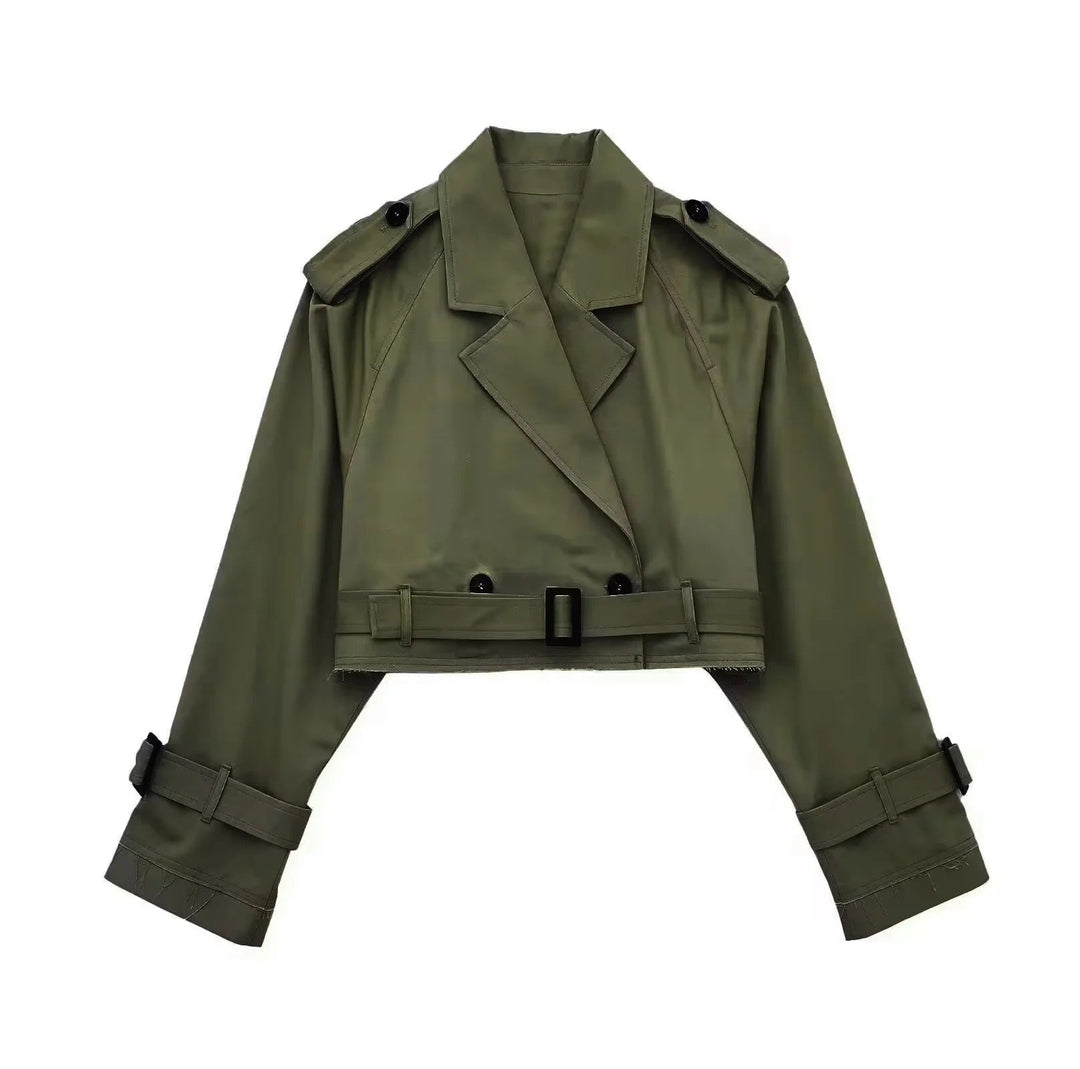 Short women's trench coat made of vegan leather