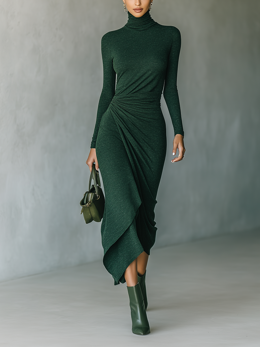 Dunkelgrünes Strick-Midikleid in Wickeloptik