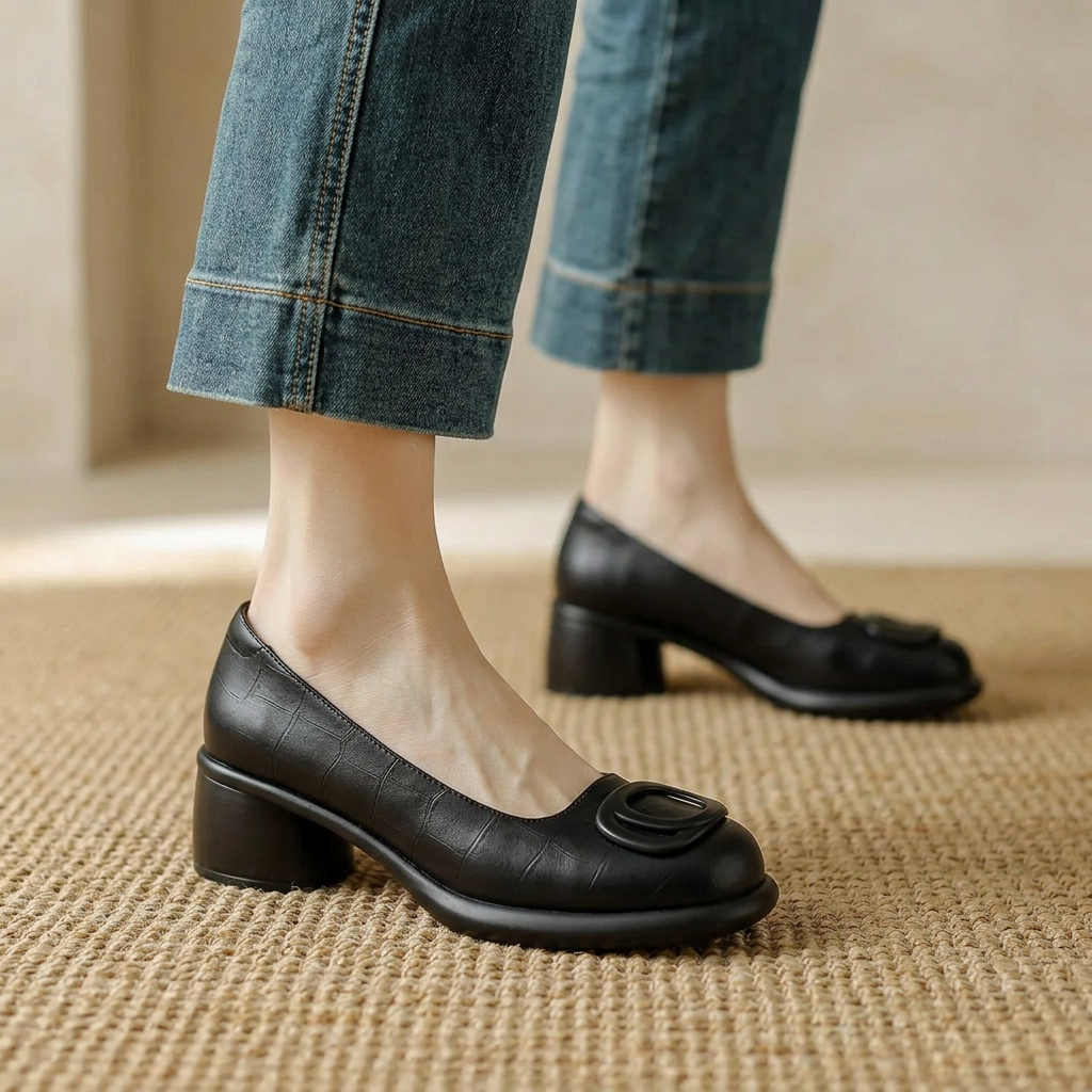 Women's Brown Closed Leather Shoes with Block Heels – Stylish Comfortable Footwear