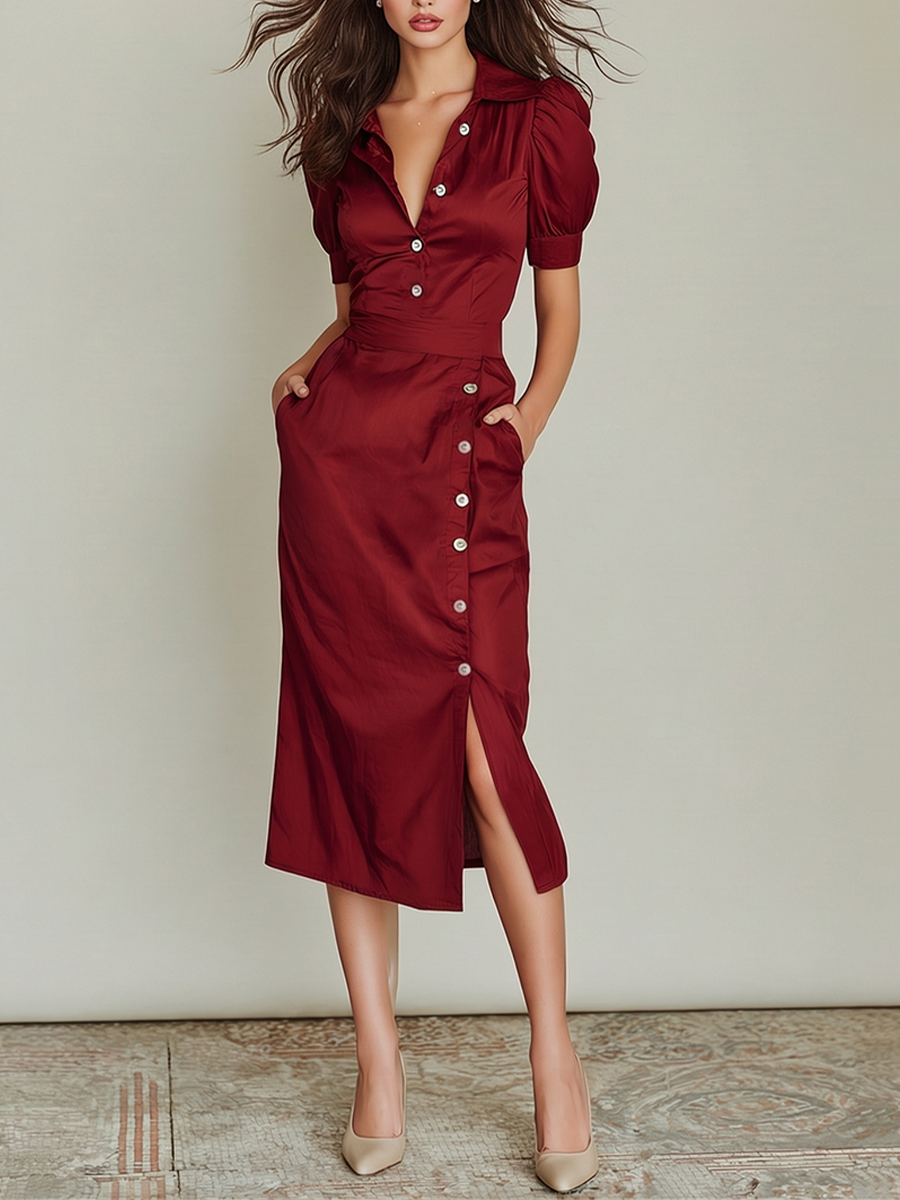 Satin-Midikleid in Burgunderrot mit Knopfleiste