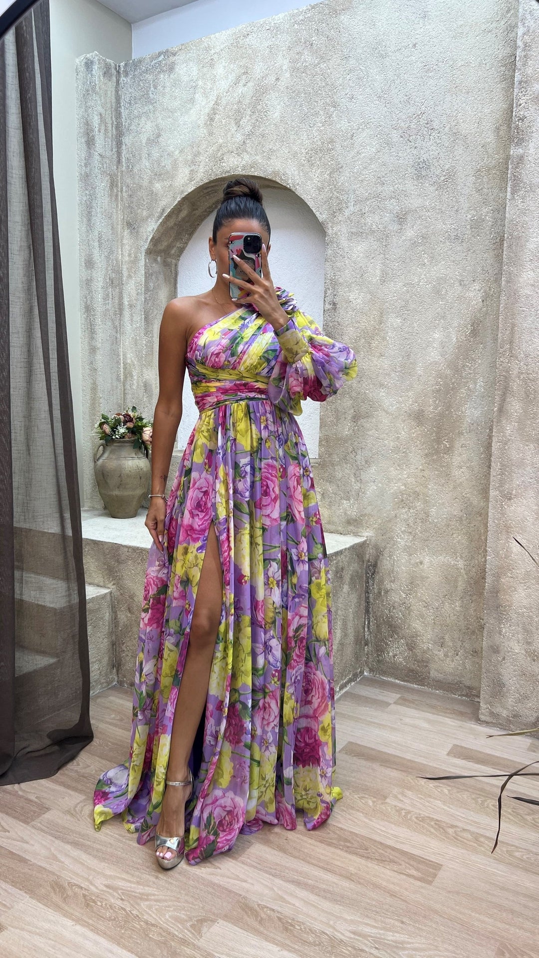 Damen Florales Schulterfreies Sommerkleid - Eleganter Fließender Event Kleid