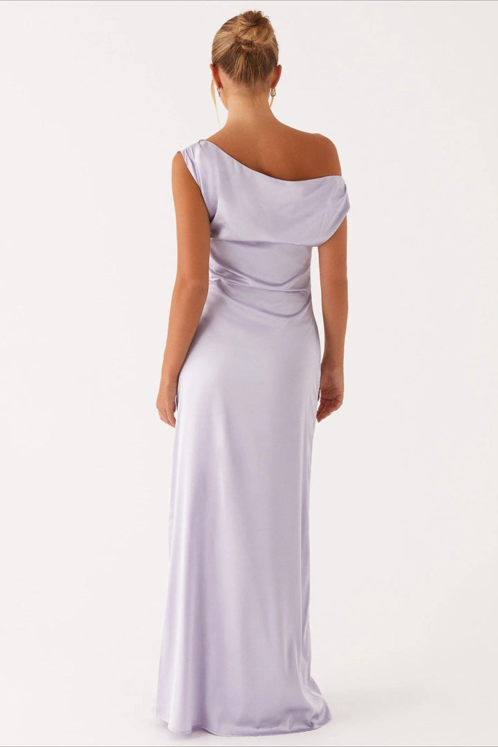 Women's Solid Color Maxi Dress with Asymmetric Neckline – Evening Dress