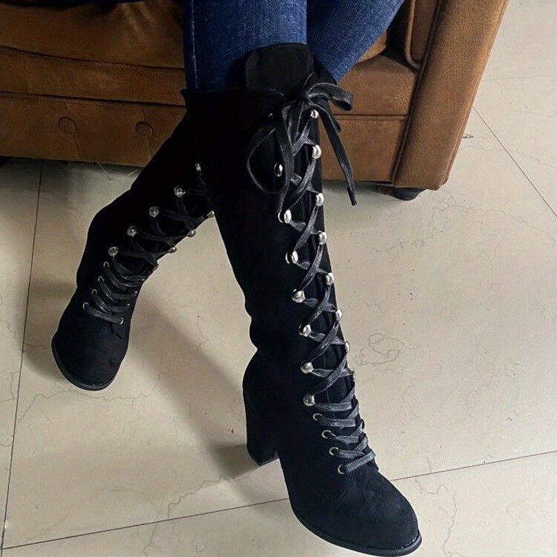 Sabine | Damen Hohe Schnürstiefel mit Blockabsatz