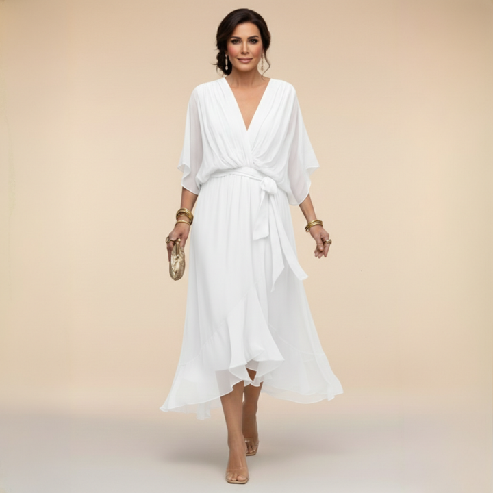 Elegant flared chiffon midi dress with V-neck and belt for women – Perfect dress for wedding guests