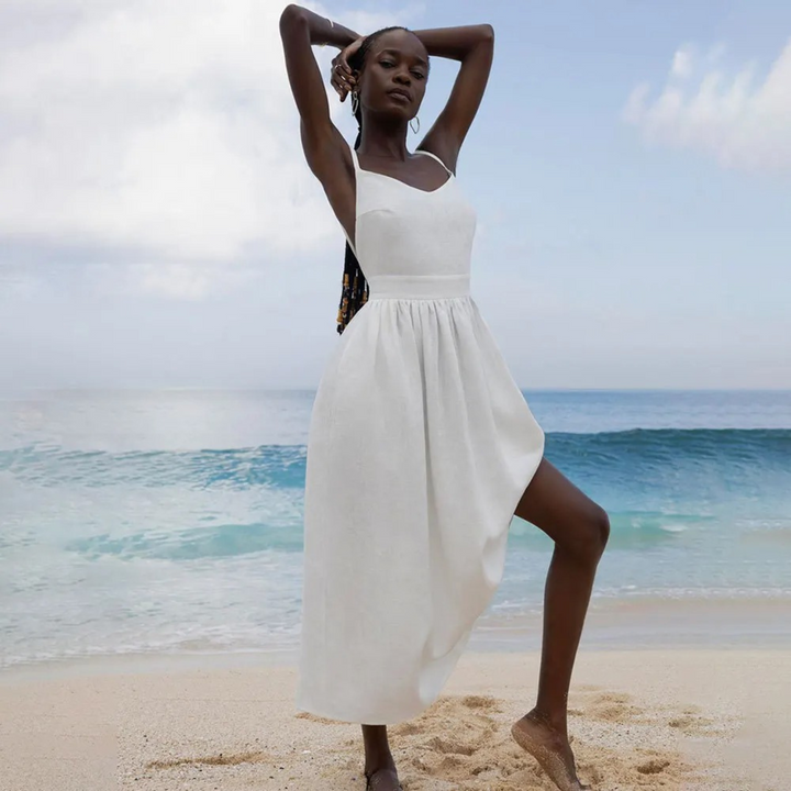 Women's linen dress with button placket and loose fit for summer