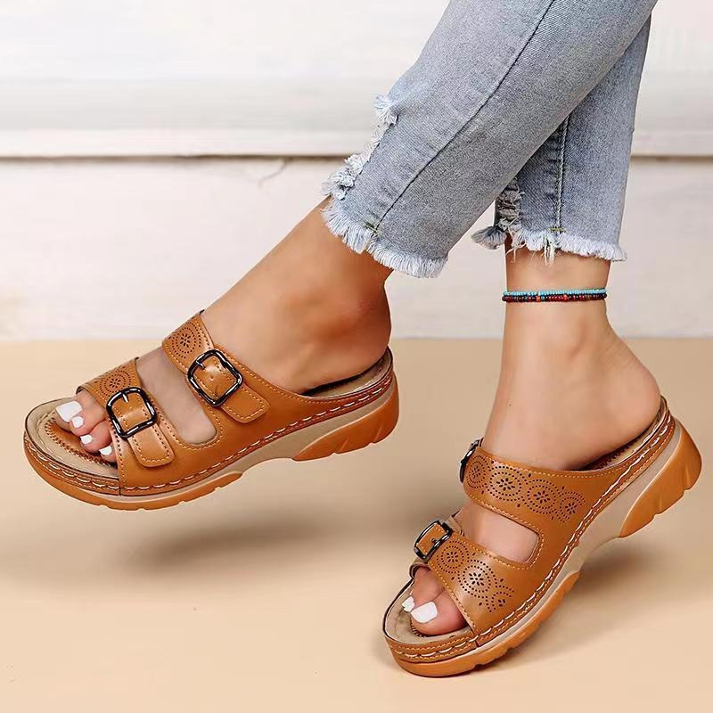 Sandalias abiertas de cuero para mujer con hebillas – Zapatos ortopédicos de verano cómodos