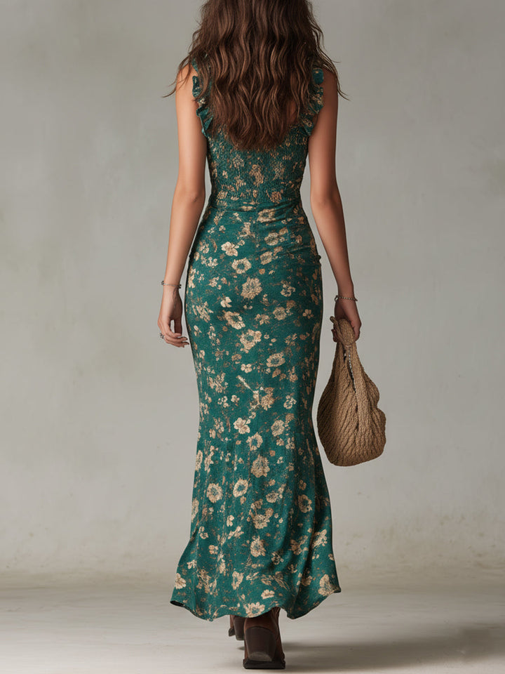 Women's Boho Maxi Dress with Ruffle Sleeves – Summer Dress with Slit