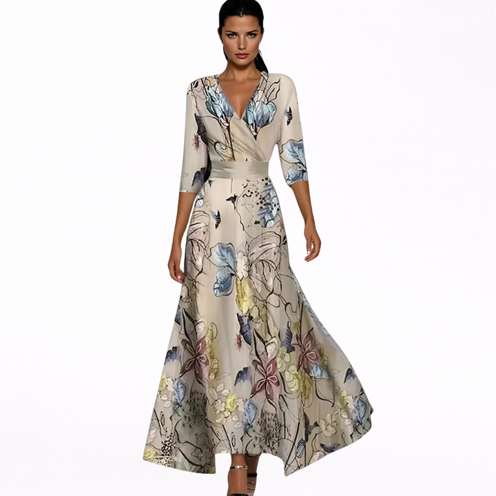 Women's V-Neck Long Sleeve Floral Maxi Dress - Wrap Elegant Style
