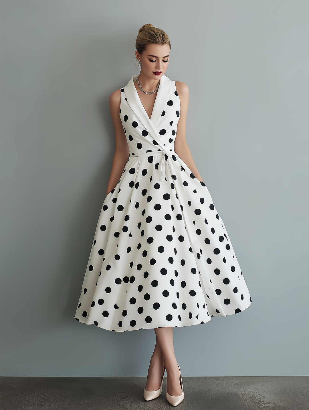 Elegantes Polka-Dot-Midikleid ohne Ärmel