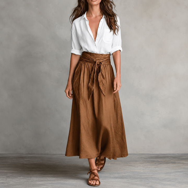 Olive Onyx | Damen Zweiteiler Knopfhemd und Midirock mit Bindegürtel