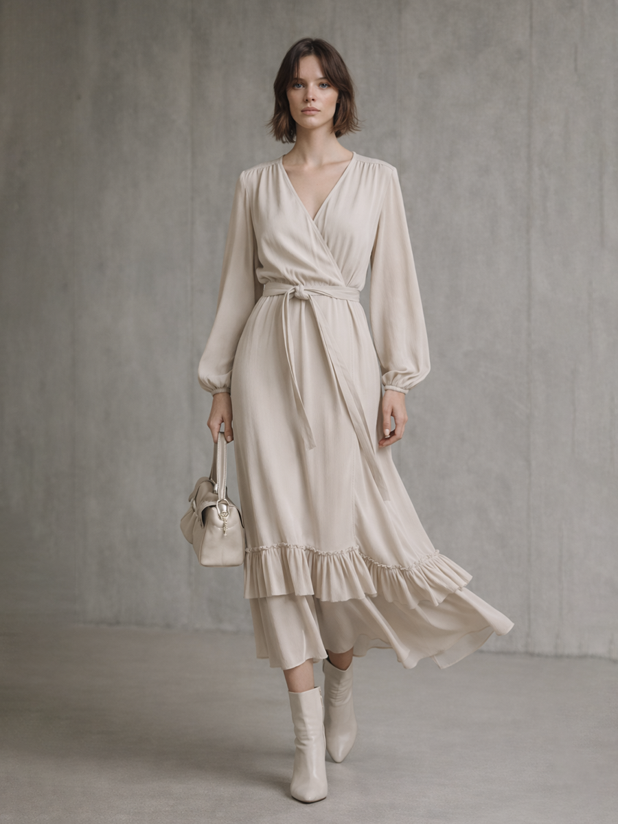 Beiges Wickel-Midikleid mit Volantsaum und Bindegürtel