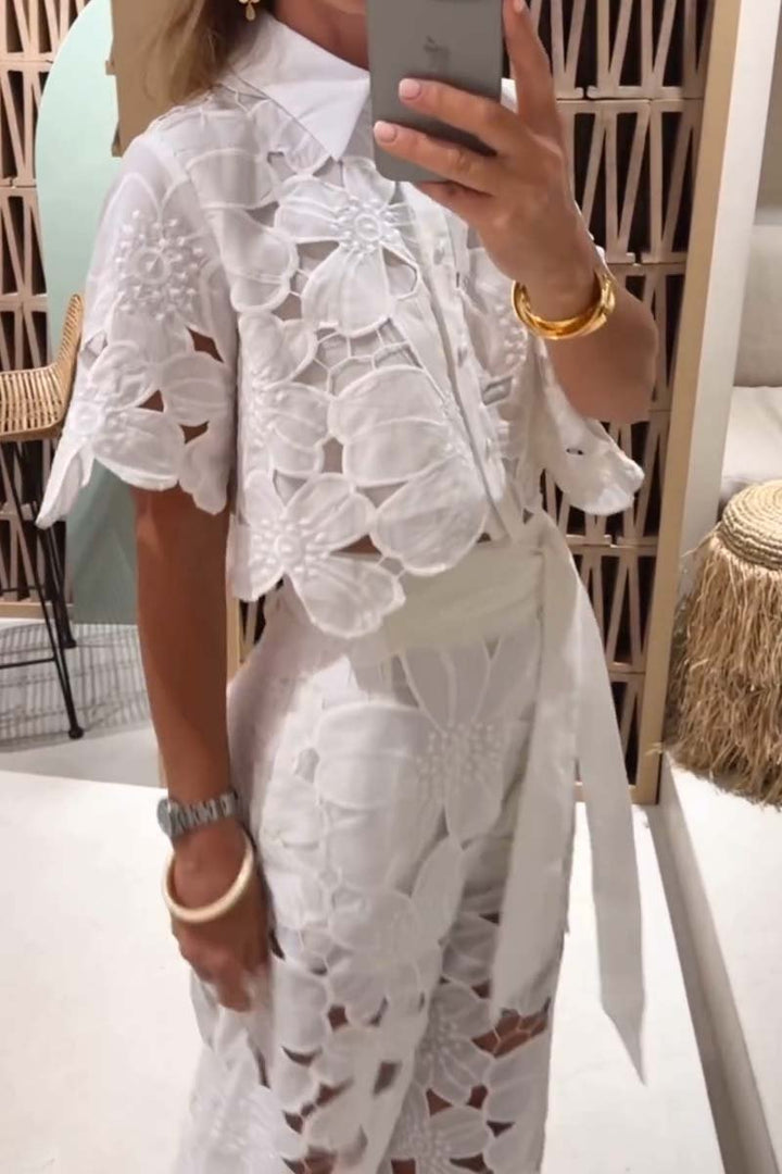 Women's Lace Blouse and Wide-Leg Pants Set – Elegant Casual Outfit