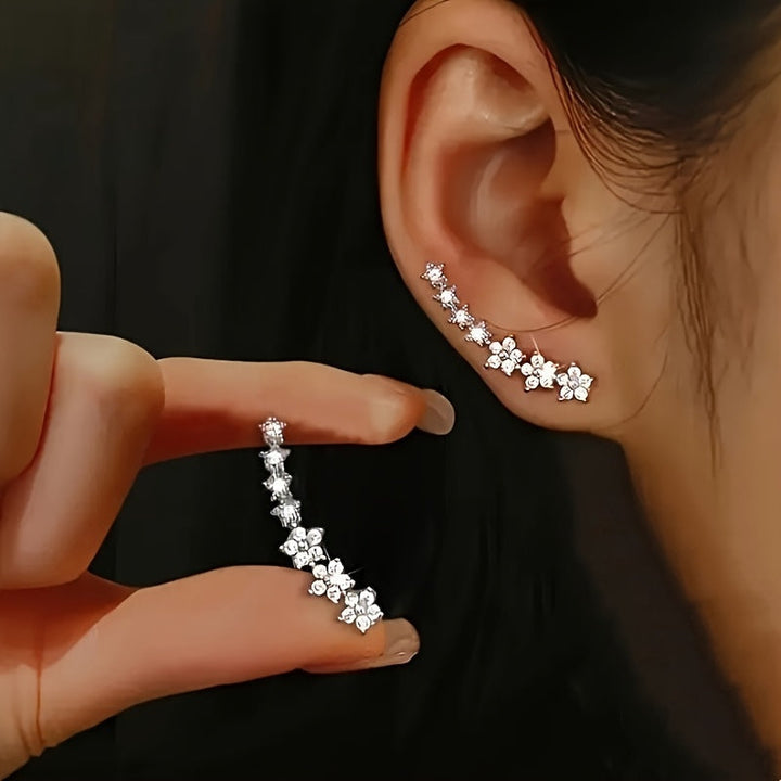 Women's Sparkling Clip-On Earrings with Flower and Star Motif – Elegant Jewelry