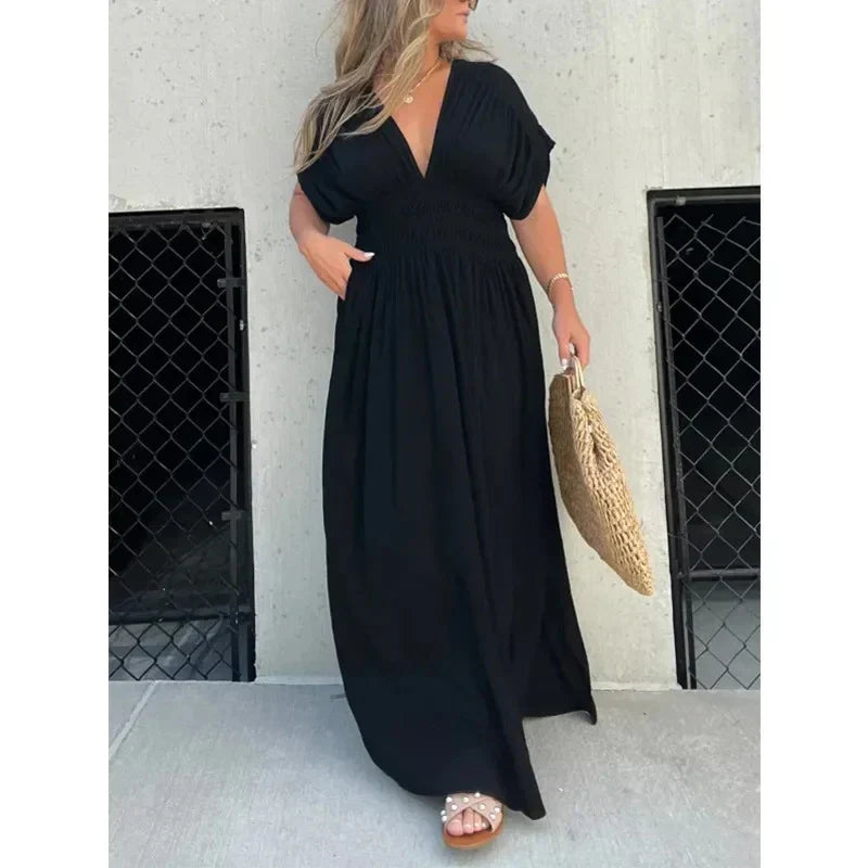 Damen Maxikleid – Leichter Stoff – V-Ausschnitt – Lässiger Sommerstil