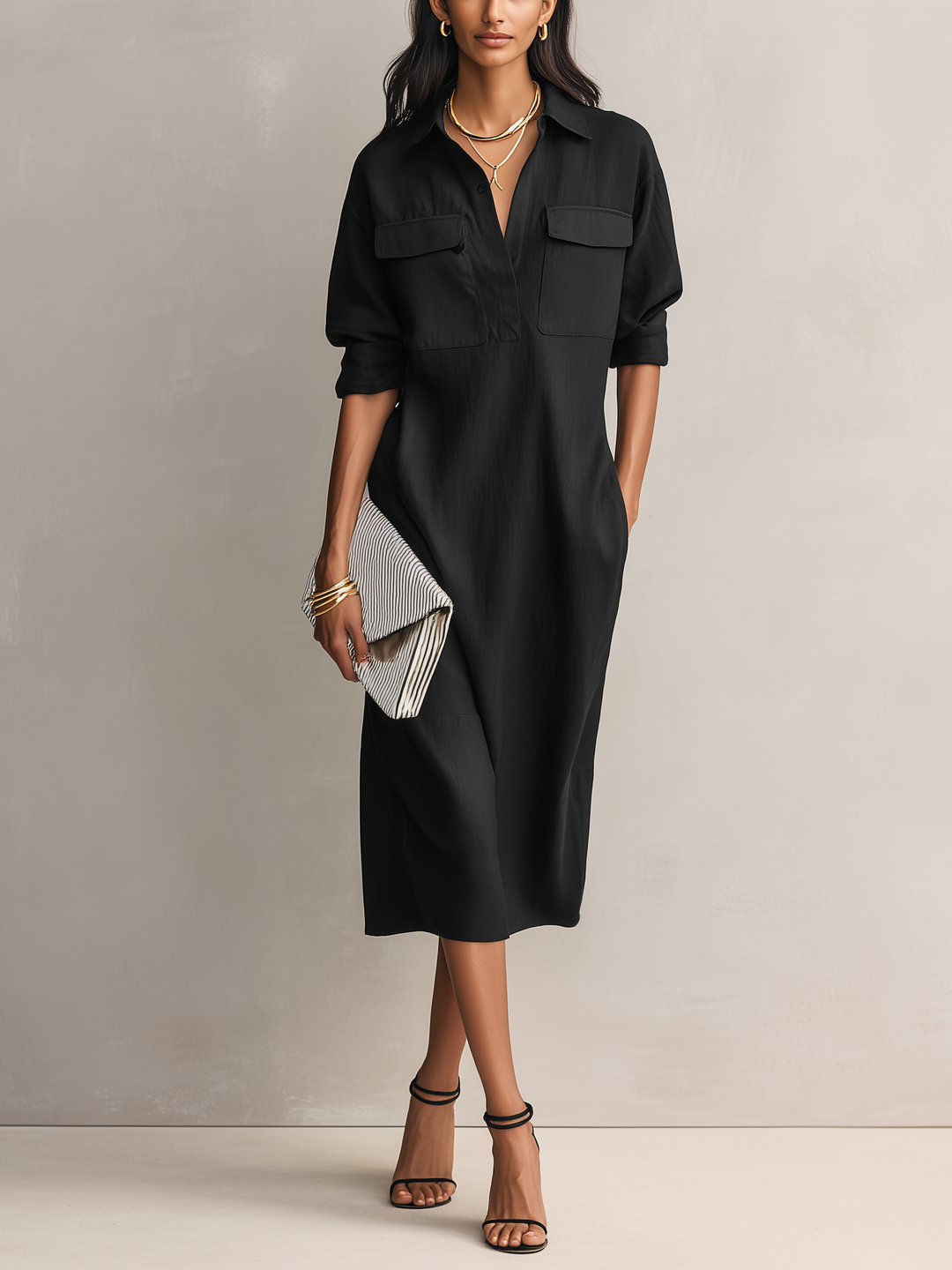 Midikleid aus Baumwoll-Leinen mit Hemdkragen