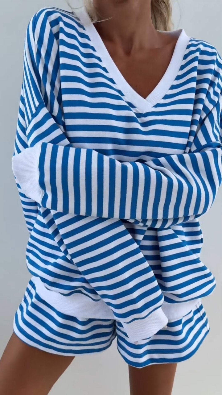 Ensemble deux pièces rayé à manches longues pour femme avec col en V – Tenue décontractée
