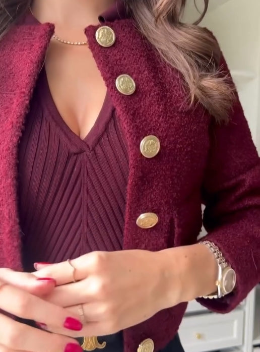 Women's Bordeaux Tweed Three-Piece Set – Elegant Jacket Outfit