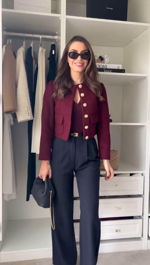 Women's Bordeaux Tweed Three-Piece Set – Elegant Jacket Outfit