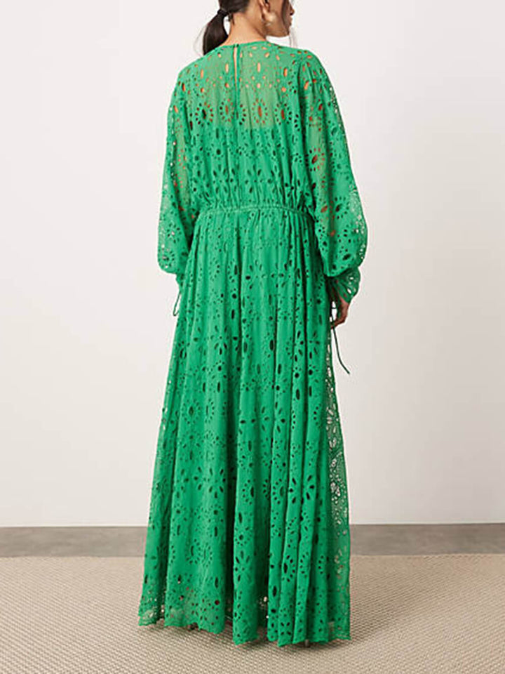 Vestido maxi de encaje oversize para mujer con escote en V y cintura fruncida – Vestido elegante y fluido
